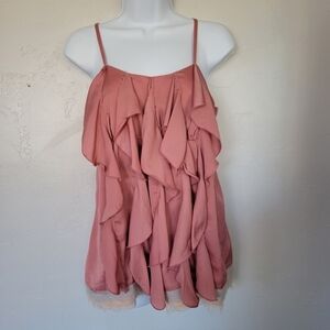 Esley Women's Medium Blush Pink Satin Sleeveless Blouse Waterfall Ruffle Front